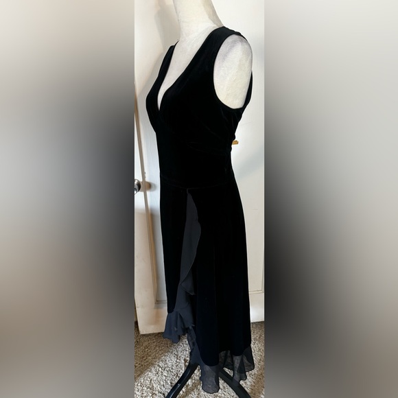Vintage 90’s Connected Velvet Ruffle Hem Cocktail Dress Midi Plunging Neck noir - Picture 10 of 16
